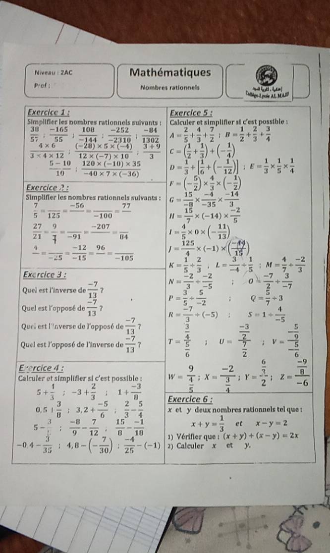 Niveau :2AC Mathématiques
Prof Nombres rationnels
E