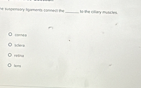 he suspensory ligaments connect the_ to the ciliary muscles.
cornea
sclera
retina
iens