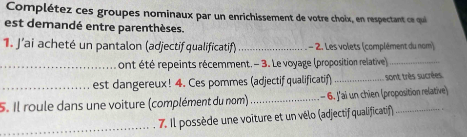 Complétez ces groupes nominaux par un enrichissement de votre choix, en respectant ce qui 
est demandé entre parenthèses. 
1. J’ai acheté un pantalon (adjectif qualificatif) _- 2. Les volets (complément du nom) 
_ont été repeints récemment. - 3. Le voyage (proposition relative)_ 
_est dangereux! 4. Ces pommes (adjectif qualificatif) _sont très sucrées. 
5. Il roule dans une voiture (complément du nom) _- 6. J’ai un chien (proposition relative) 
_7. Il possède une voiture et un vélo (adjectif qualificatif)