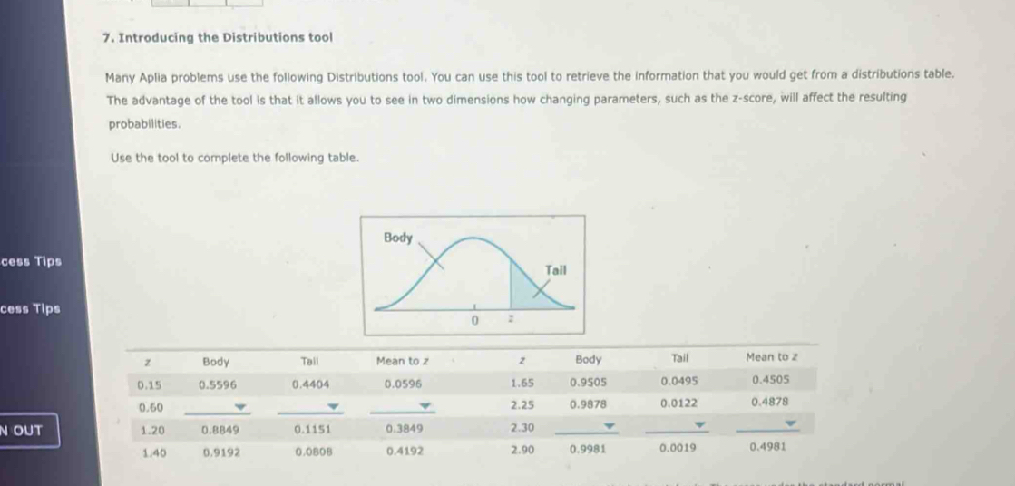 Introducing the Distributions tool 
Many Aplia problems use the following Distributions tool. You can use this tool to retrieve the information that you would get from a distributions table. 
The advantage of the tool is that it allows you to see in two dimensions how changing parameters, such as the z-score, will affect the resulting 
probabilities. 
Use the tool to complete the following table. 
Body 
cess Tips Tail 
cess Tips 
0 : 
z Body Tail Mean to z z Body Tail Mean to z
0.15 0.5596 0.4404 0.0596 1.65 0.9505 0.0495 0.4505
0.60 ___ 2.25 0.9878 0.0122 0.4878
N OUT 1.20 0.8849 0.1151 0.3849 2.30 _ 
__
1.40 0.9192 0.0808 0.4192 2.90 0.9981 0.0019 0.4981