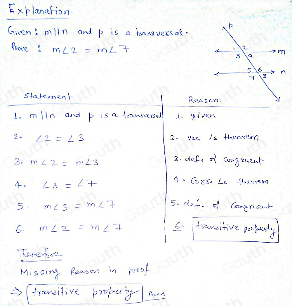 Explanation 
Given: mparallel n and p is a bangversal. 
have : m∠ 2=m∠ 7
starement 
Reas 
1. mlln and p is a fansversel 1. given 
2. ∠ 2=∠ 3 2. Ver Ls theovern 
3. m∠ 2=m∠ 3
3. defo of congruent 
4. ∠ 3=∠ 7
4-0 Co88. Ls theorerm 
5 m∠ 3=m∠ 7
5. def. of Congruent 
60 
6. m∠ 2=m∠ 7 rausitive poopesty 
There fooe 
Missing Reason in 70oof 
transitive proberty Au