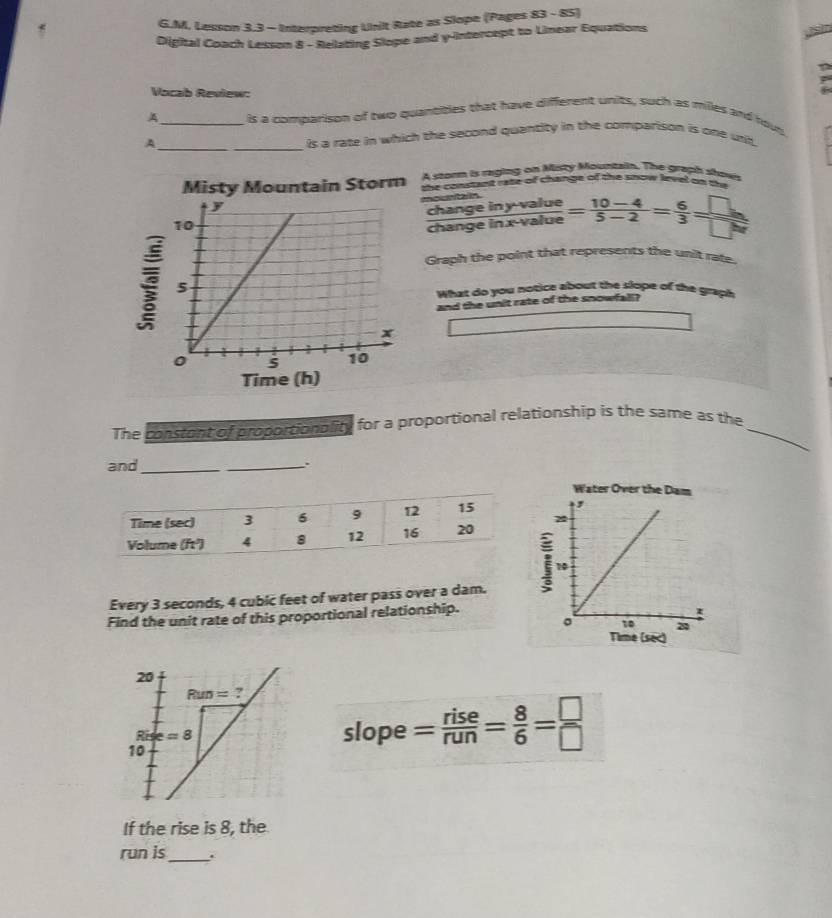 Lesson 3.3 - Interpreting Unit Rate as Slope (Pages 83 - 85)
Digital Coach Lesson 8 - Relating Slope and y-intercept to Linear Equations
Vocab Review:
A _is a comparison of two quantities that have different units, such as milles and houp
A_ Is a rate in which the second quantity in the comparison is one unit
Misty Mountain Storm A stor is raping on Misty Mountain. The graph shows
the constant rate of ch ge of the snow level an the
chang to
change  (iny-)/iny-yz   e/e = (10-4)/5-2 = 6/3 = □ /□  
Graph the point that represents the unit rate.
What do you notice about the slope of the graph
and the unit rate of the snowfall
Time (h)
The constont of proportionality for a proportional relationship is the same as the_
and_
_.
Water Over the Dam
.
Every 3 seconds, 4 cubic feet of water pass over a dam.
Find the unit rate of this proportional relationship.
e (sec)
slope = rise/run = 8/6 = □ /□  
If the rise is 8, the
run is _.