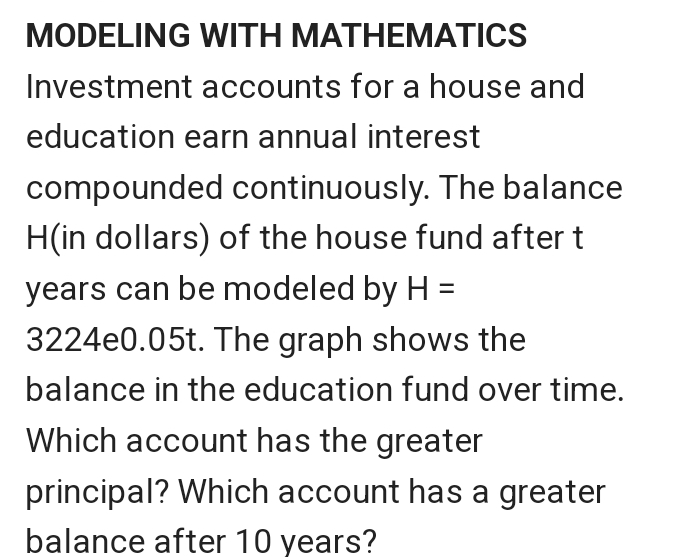 MODELING WITH MATHEMATICS 
Investment accounts for a house and 
education earn annual interest 
compounded continuously. The balance
H (in dollars) of the house fund after t
years can be modeled by H=
3224e0.05t. The graph shows the 
balance in the education fund over time. 
Which account has the greater 
principal? Which account has a greater 
balance after 10 years?