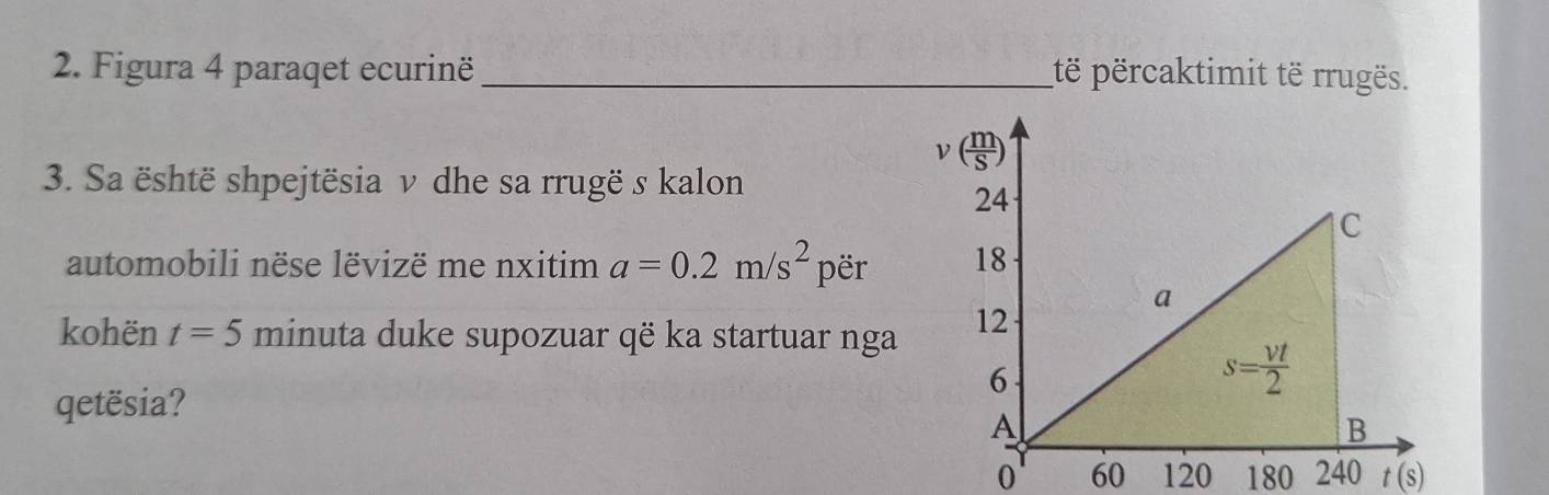 Figura 4 paraqet ecurinë _të përcaktimit të rrugës.
3. Sa është shpejtësia v dhe sa rrugë s kalon
automobili nëse lëvizë me nxitim a=0.2m/s^2 p ër
kohën t=5 minuta duke supozuar që ka startuar nga 
qetësia?
0 60 120 180 240 t(s)