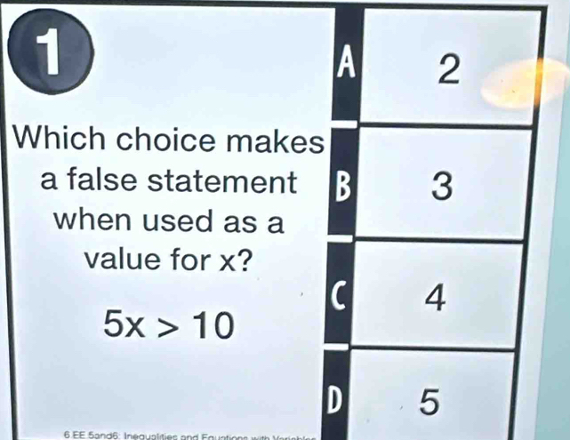 1
A 2
Which choice makes
a false statement B 3
when used as a
value for x?
4
5x>10
D 5
6 EE 5and6: Inequalities ar