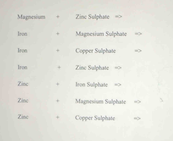 Magnesium + Zinc Sulphate 
Iron + Magnesium Sulphate 
Iron + Copper Sulphate 
Iron + Zinc Sulphate 
Zinc + Iron Sulphate 
Zinc + Magnesium Sulphate 
Zinc + Copper Sulphate