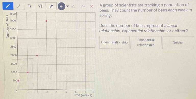 Tr sqrt(± ) × A group of scientists are tracking a population of
ees. They count the number of bees each week in
pring.
oes the number of bees represent a linear
lationship, exponential relationship, or neither?
inear relationship Exponential
relationship Neither
Time (weeks)