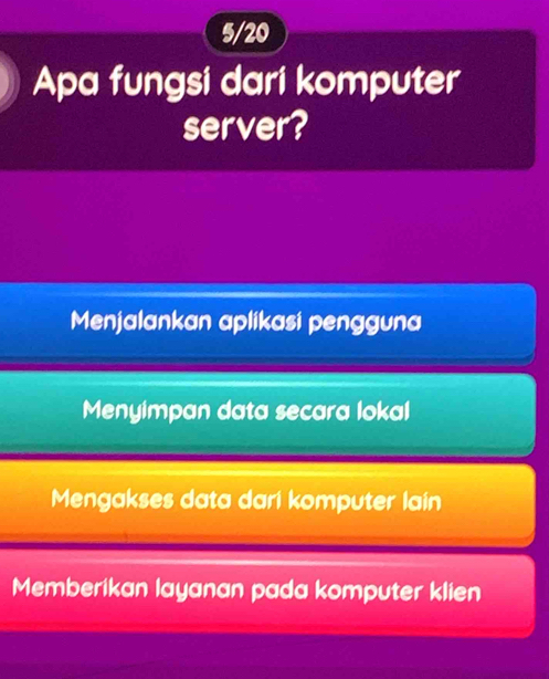 5/20
Apa fungsi dari komputer
server?
Menjalankan aplikasi pengguna
Menyimpan data secara lokal
Mengakses data dari komputer lain
Memberikan layanan pada komputer klien