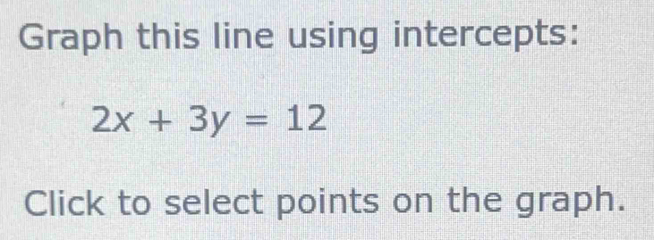 Graph this line using intercepts:
2x+3y=12
Click to select points on the graph.