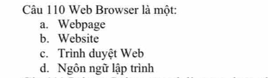 Web Browser là một:
a. Webpage
b. Website
c. Trình duyệt Web
d. Ngôn ngữ lập trình