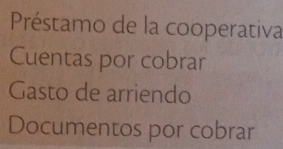 Préstamo de la cooperativa 
Cuentas por cobrar 
Gasto de arriendo 
Documentos por cobrar