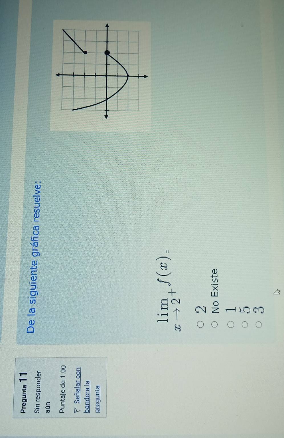 Pregunta 11
Sin responder
De la siguiente gráfica resuelve:
aún
Puntaje de 1.00
Señalar con
bandera la
pregunta
limlimits _xto 2^+f(x)=
2
No Existe
 1/5 
3