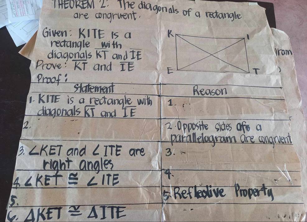 IHEOKEM L: The diagonals of a rectangle 
are congruent. 
Given: KITE is a 
rectangle with 
diagonals KT and IF
Iram 
Prove: overline KT and overline IE
Proof: 
statement Reason 
1. KITE is a rectangle with 1. 
diagonals overline KT and overline IE
22. 2. Opposite sides oft a 
parallelogram are congnvent 
B. ∠ KET and ∠ ITE are 3. - 
right angles 
14. ∠ KET≌ ∠ ITE
4. 
5. 
5. Befledive Property 
6. △ KET≌ △ ITE