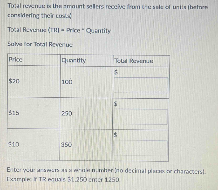 Total revenue is the amount sellers receive from the sale of units (before 
considering their costs) 
Total Revenue (TR)= Price * Quantity 
Solve for Total Revenue 
Enter your answers as a whole number (no decimal places or characters). 
Example: If TR equals $1,250 enter 1250.