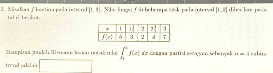 Misalkan ƒ kontinu pada interval [1,3] 。 Nilai fungsi f di beberapa títik pada interval [1,3] diberikan pada
tabel berikut:
Hampiran jumlah Riemann kanan untuk nilai ∈t _1^3f(x)dx dengan partisi seragam sebanyak n=4 subin-
terval adalah □ .