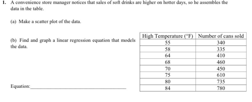 A convenience store manager notices that sales of soft drinks are higher on hotter days, so he assembles the
data in the table.
(a) Make a scatter plot of the data.
(b) Find and graph a linear regression equation that model
the data.
Equation:_