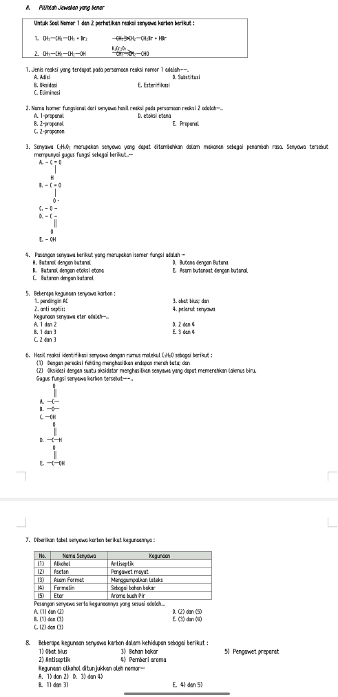 Pilihlah Jawaban yang benar
Untuk Soal Nomor 1 dan 2 perhatikan reaksi senyawa karbon berikut :
1. CH_3-CH_2-CH_2+Br_2 -GH_2to OH_2=CH_2Ir+HBr
K(r,0)
2. CH_3-CH_2-CH_2-OH OH_3-OH_2-OH0
1. Jenis reaksi yang terdapat pada persamean reaksi nomor 1 adalh….
A. Adisi D. Substitusi
B. Oksidasi
C. Eliminasi
2. Nama Isomer fungsional dari senyowa hasil reaksi pada persamaan reaksi 2 adalah-...
A. 1-propanol D. etoksi etana
B. 2-prapanol E.Propanal
C. 2-propanon
3. Senyawa C₂H₂O₂ merupakan senyawa yong dapat ditambahkan dalam makanan sebagai penambah rasa. Senyawa tersebut
mempunyai gugus fungsi sebagai berikut..--
-c=0
B.-C=0
D.
E. - CH
4. Pasongan senyawa berikut yong merupakon isomer fungsi adalah …
Butanol denaon butanal D. Butana dengan Butana
B. Butanol dengen etaksi etana E. Asam butanoat dengan butonal
C. Butanon dengan butanol
5. Beberapa kegunsan senyawa karbon : 3. obat blus; dan
1. pendingin AC
2. anti septic; 4. pelarut seryawa
Kegunaan senyawa eter adalah--
A. 1 dan 2
B. 1 dan 3 E. 3 dan 4 D. 2 dan 4
C. 2 dan 3
6. Hasil reaksi identifikasi senyawa dengan rumus molekul C.H₂O sebogai berikut 
(1) Dengan pereaksi fehling menghösilkan endapan merah bata: der
(2) Oksidasi dengan suatu oksidator menghasilkan senyawa yang dapat memerahkan lakmus biru.
Gugus fungsi senyawa karbon tersebut.,
A. —C—
B. —0—
C, —OH
D.
F.
7. Diberikan tabel senyawa karbon berikut kegunsannya :
aawa keguneannya yaodolah...
A. (1) dan (2)
B. (1) dan (3) E. (3) dan (4) D. (2) dan (5)
C. (2) dan (3)
8. Beberapa kegunaan senyawa karbon dalam kehidupan sebagai berikut 
1) Obat bius       Baban bak n 5) Pengawet preparat
2) Antiseptik 4) Pemberi aroma
Kegunaan alkohol ditunjukkan oleh nomor--
A. 1) dan 2) D. 3) don 4)
B. 1) dan 3) E. 4) dan 5)