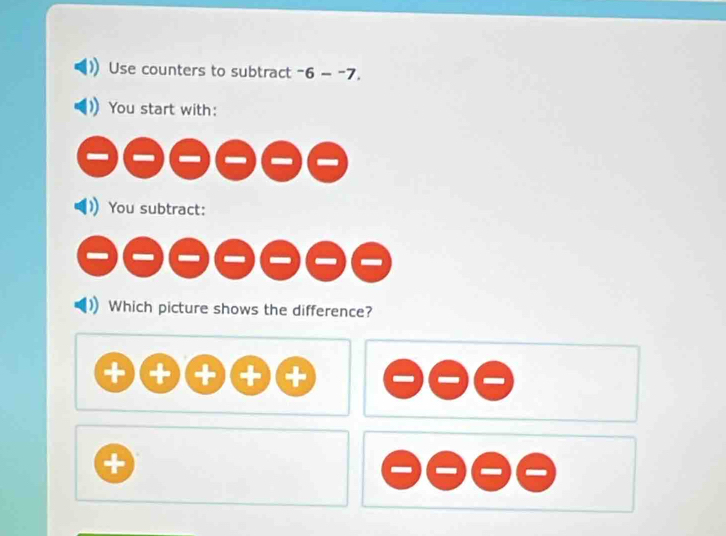 Use counters to subtract -6 - -7. 
You start with:
-2=(-(-(-)(-)(-)
You subtract:
-2-(-2)(-(-2)
Which picture shows the difference?
+)(+)+(+ (+ 
+