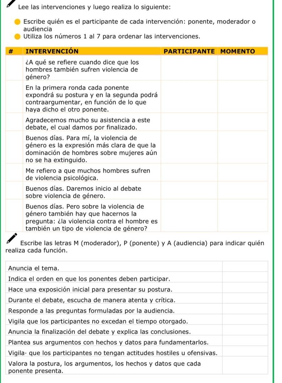 Lee las intervenciones y luego realiza lo siguiente: 
Escribe quién es el participante de cada intervención: ponente, moderador o 
audiencia 
Utiliza los números 1 al 7 para ordenar las intervenciones. 
# 
Escribe las letras M (moderador), P (ponente) y A (audiencia) para indicar quién 
realiza cada función.