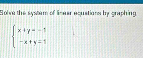 Solve the system of linear equations by graphing.
beginarrayl x+y=-1 -x+y=1endarray.