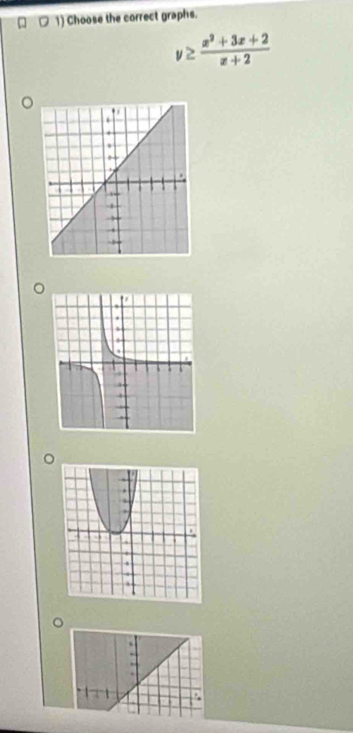 □ 1) Choose the correct graphs.
y≥  (x^2+3x+2)/x+2 