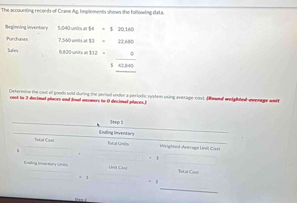 The accounting records of Crane Ag. Implements shows the following data. 
Beginning inventory 5,040 units at $4=$20,160
Purchases 7,560 units at $3=22,680
_ 
Sales 8,820 units at $12= ..
$ 42,840
Determine the cost of goods sold during the period under a periodic system using average-cost. (Round weighted-overage unit 
cost to 2 decimal places and final answers to 0 decimal places.) 
Step 1 
Ending Inventory 
Total Cost Total Units Weighted-Average Unit Cost
$ □ 4 □ =s
Ending Inventory Units Unit Cost Total Cost
* $
$
_ 
Step 2