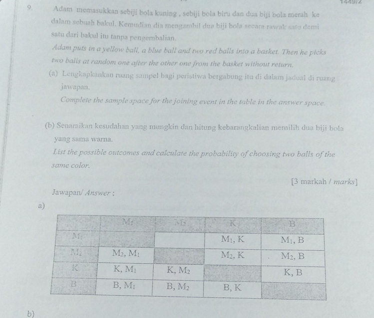 Adam memasukkan sebiji bola kuning , sebiji bola biru dan dua biji bola merah ke
dalam sebuah bakul. Kemudian dia mengambil dua biji bola secara rawak satu demi
satu dari bakul itu tanpa pengembalian.
Adam puts in a yellow ball, a blue ball and two red balls into a basket. Then he picks
two balls at random one after the other one from the basket without return.
(a) Lengkapkankan ruang sampel bagi peristiwa bergabung itu di dalam jadual di ruang
jawapan.
Complete the sample space for the joining event in the table in the answer space.
(b) Senaraikan kesudahan yang mungkin dan hitung kebarangkalian memilih dua biji bola
yang sama warna.
List the possible outcomes and calculate the probability of choosing two balls of the
same color.
[3 markah / marks]
Jawapan/ Answer :
a)
b)