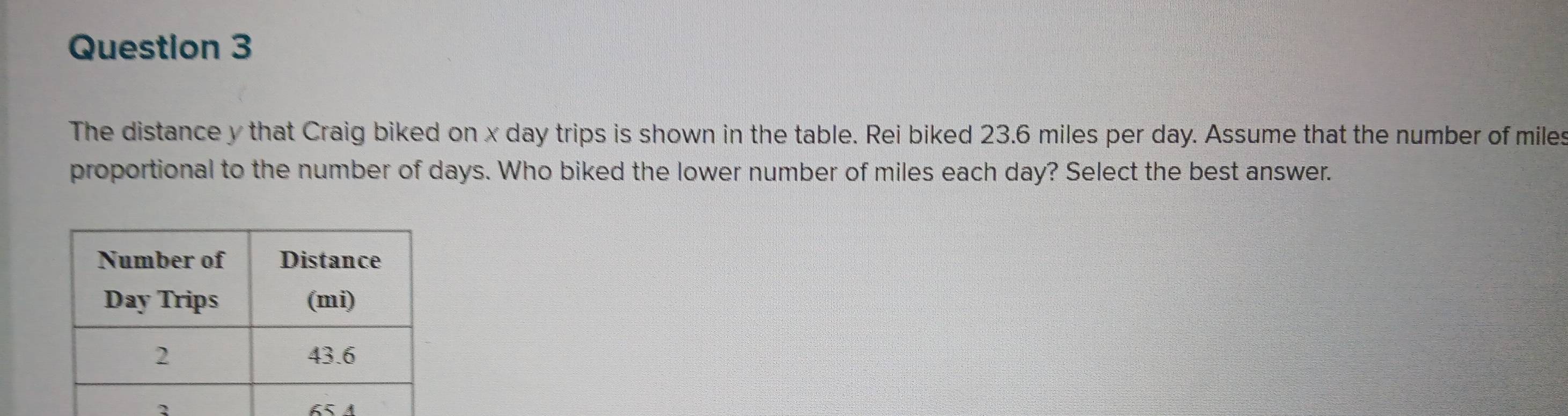 The distance y that Craig biked on x day trips is shown in the table. Rei biked 23.6 miles per day. Assume that the number of miles
proportional to the number of days. Who biked the lower number of miles each day? Select the best answer. 
2