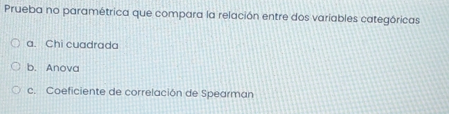 Prueba no paramétrica que compara la relación entre dos variables categóricas
a. Chi cuadrada
b. Anova
c. Coeficiente de correlación de Spearman