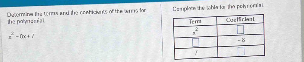 Determine the terms and the coefficients of the terms for Complete the table for the polynomial.
the polynomial.
x^2-8x+7
