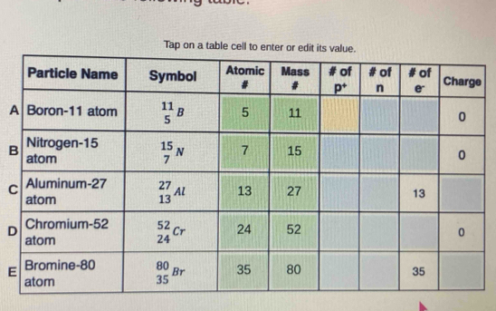 Tap on a table cell to 
A
B
C
D
E