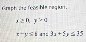 Graph the feasible region.
x≥ 0, y≥ 0
x+y≤ 8 and 3x+5y≤ 35