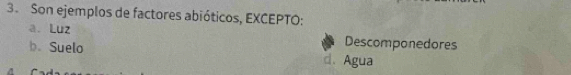 Son ejemplos de factores abióticos, EXCEPTO:
a. Luz Descomponedores
b. Suelo d. Agua