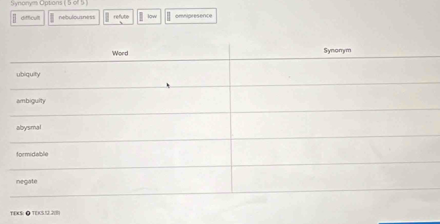 Synonym Options ( 5 of 5 )
difficult nebulousness refute low omnipresence
TEKS: ● TEKS.12.2(B)