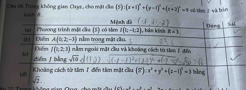 Trong không gian Oxyz , cho mặt cầu (S):(x+1)^2+(y-1)^2+(z+2)^2=9 có tâm I và bán
kính R .
cầu 27 Trong không gian Oxyz, cho mặt cầu (S): x^2,x^2,x^2