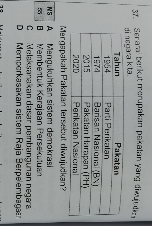 Senarai berikut merupakan pakatan yang diwujudkan
negara kita.
Mengapakah Pakatan tersebut diwujudkan?
MS A Mengukuhkan sistem demokrasi
55 B Membentuk Kerajaan Persekutuan
C Melaksanakan dasar pembangunan negara
D Memperkasakan sistem Raja Berpelembagaan