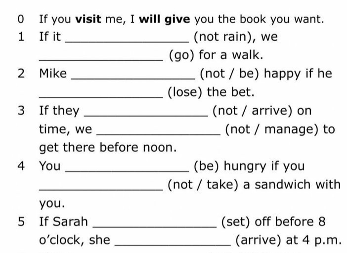 If you visit me, I will give you the book you want. 
1 If it_ (not rain), we 
_(go) for a walk. 
2 Mike _(not / be) happy if he 
_(lose) the bet. 
3 If they _(not / arrive) on 
time, we _(not / manage) to 
get there before noon. 
4 You _(be) hungry if you 
_(not / take) a sandwich with 
you. 
5 If Sarah _(set) off before 8 
o’clock, she (arrive) at 4 p.m.