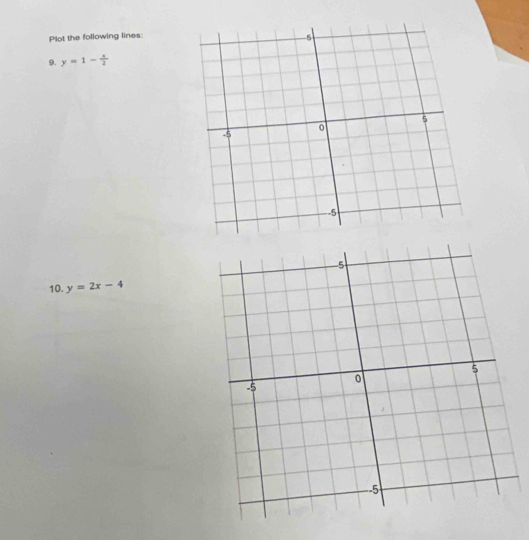 Plot the following lines:
9. y=1- x/2 
10. y=2x-4