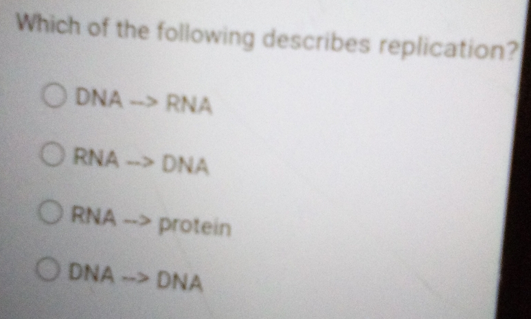 Which of the following describes replication?
DNA > RNA
RNA --> DNA
RNA --> protein
DNA DNA