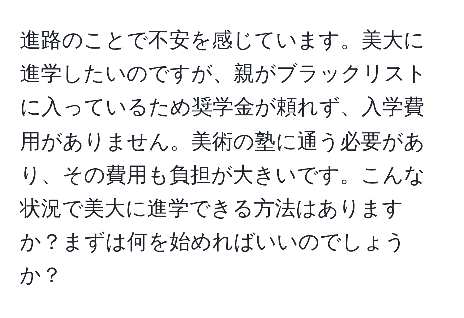 進路のことで不安を感じています。美大に進学したいのですが、親がブラックリストに入っているため奨学金が頼れず、入学費用がありません。美術の塾に通う必要があり、その費用も負担が大きいです。こんな状況で美大に進学できる方法はありますか？まずは何を始めればいいのでしょうか？