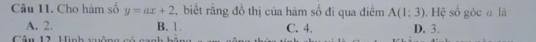 Cho hàm số y=ax+2 , biết rằng đồ thị của hàm số đi qua điểm A(1;3). Hệ số góc à là
A. 2. B. 1. C. 4. D. 3.
Câu 12 Hình vuộng có can