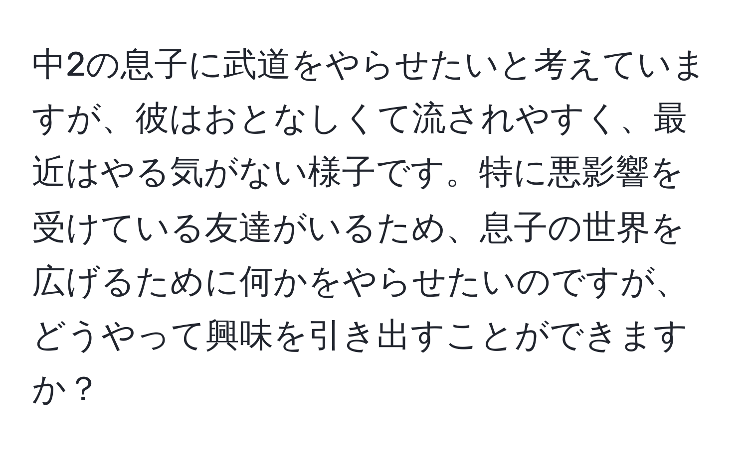 中2の息子に武道をやらせたいと考えていますが、彼はおとなしくて流されやすく、最近はやる気がない様子です。特に悪影響を受けている友達がいるため、息子の世界を広げるために何かをやらせたいのですが、どうやって興味を引き出すことができますか？