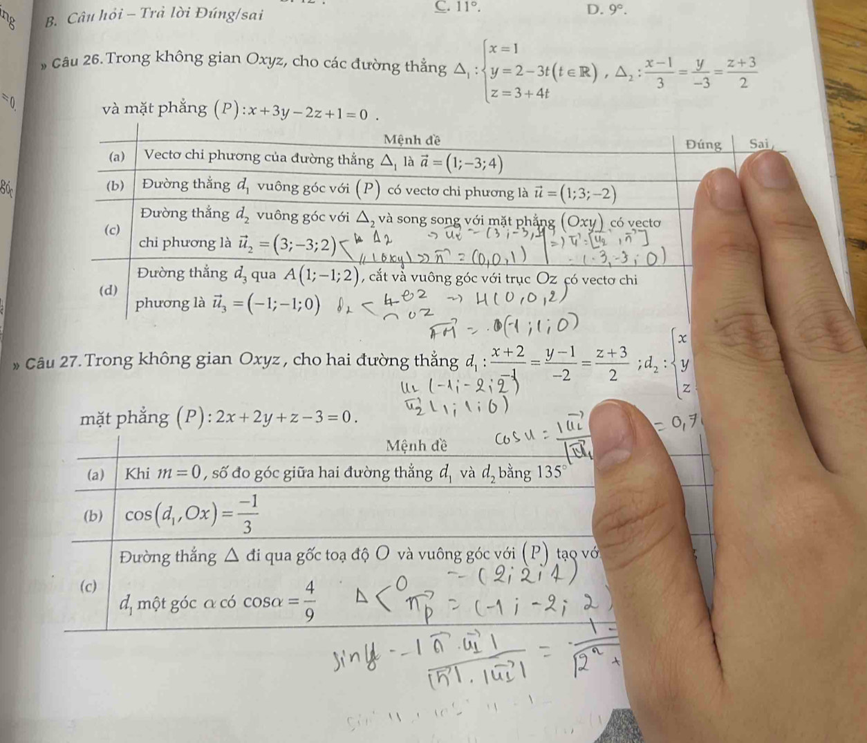 Câu hỏi - Trả lời Đúng/sai
C. 11°. D. 9°.
* Câu 26. Trong không gian Oxyz, cho các đường thẳng △ _1:beginarrayl x=1 y=2-3t(t∈ R),△ _2: (x-1)/3 = y/-3 = (z+3)/2 endarray.
=0

và mặt phẳng (P): x+3y-2z+1=0.
80
» Câu 27. Trong không gian Oxyz , cho hai đường thẳng d_1: (x+2)/-1 = (y-1)/-2 = (z+3)/2 ; d_2:
mặt phẳng (P): 2x+2y+z-3=0.
Mệnh đề
(a) Khi m=0 , số đo góc giữa hai đường thẳng d_1 và d_2 bằng 135°
(b) cos (d_1,Ox)= (-1)/3 
Đường thắng △ di qua gốc toạ độ O và vuông góc với (P) tạo vớ
(c)
d_1mwidehat Qt góc a có cos alpha = 4/9 