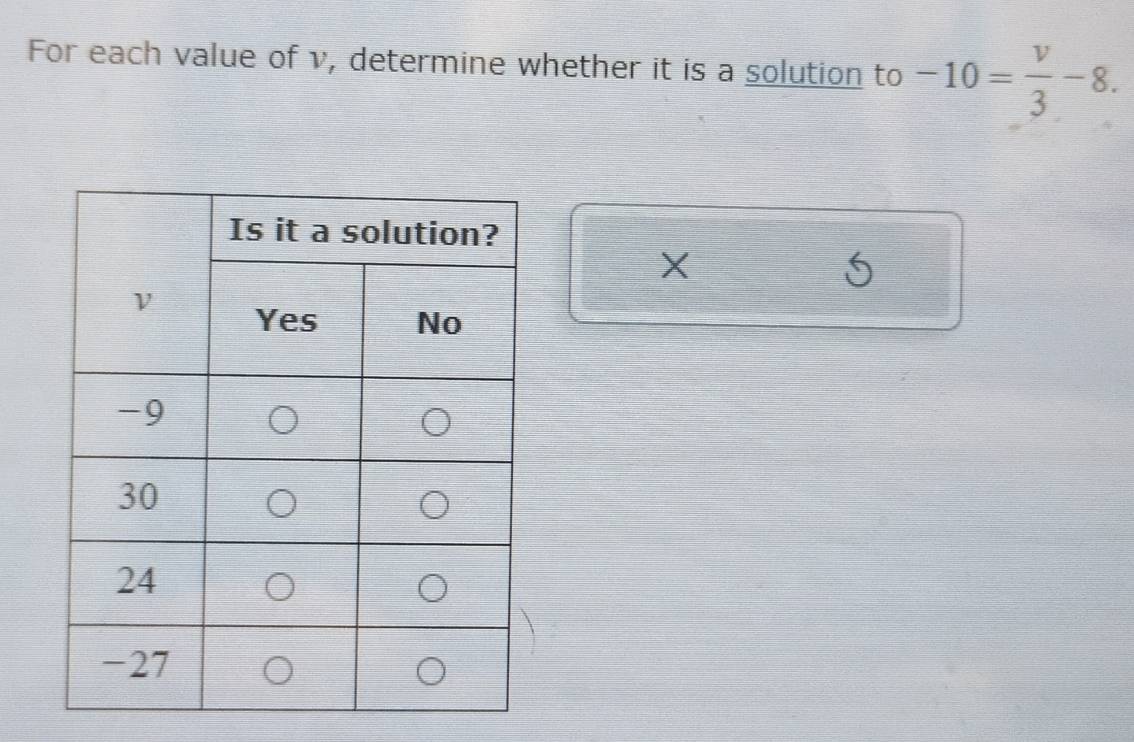 For each value of v, determine whether it is a solution to -10= v/3 -8.
X
5