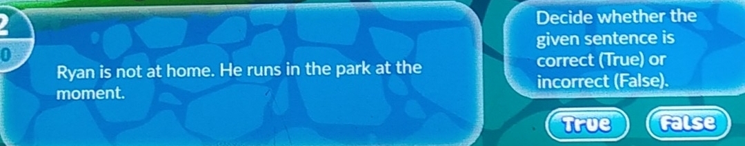 Decide whether the
0 given sentence is
Ryan is not at home. He runs in the park at the
correct (True) or
incorrect (False).
moment.
True False