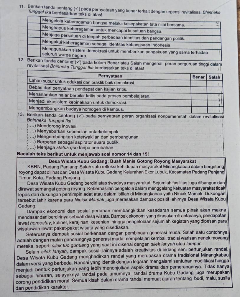 Berikan tanda centang (✓) pada pernyataan yang benar terkait dengan urgensi revitalisasi Bhinneka
Tunggal Ika berdasarkan teks di a
) pada kolom Benar atau Salah mengenai peran perguruan tinggi dalam
revitalisasi Bhinneka Tunggal Ika berdasarkan teks di atas!
a centang (✓) pada pernyataan peran organisasi nonpemerintah dalam revitalisasi
Bhinneka Tunggal Ika!
(....) Mendorong inovasi.
(....) Menyebarkan kebencian antarkelompok.
(....) Mengembangkan keterwakilan dan pembangunan.
(....) Berperan sebagai aspirator suara publik.
(....) Menjaga status quo tanpa perubahan.
Bacalah teks berikut untuk menjawab soal nomor 14 dan 15!
Desa Wisata Kubu Gadang: Buah Manis Gotong Royong Masyarakat
KBRN, Padang Panjang: Salah satu refleksi kehidupan masyarakat Minangkabau dalam bergotong
royong dapat dilihat dari Desa Wisata Kubu Gadang Kelurahan Ekor Lubuk, Kecamatan Padang Panjang
Timur, Kota. Padang Panjang.
Desa Wisata Kubu Gadang berdiri atas swadaya masyarakat. Sejumlah fasilitas juga dibangun dan
dirawat semangat gotong royong. Keberhasilan pengelola dalam menggalang kekuatan masyarakat tidak
lepas dari dukungan pemimpin adat atau dalam istilah di Minangkabau yaitu Niniak Mamak. Dukungan
tersebut lahir karena para Niniak Mamak juga merasakan dampak positif lahirnya Desa Wisata Kubu
Gadang.
Dampak ekonomi dan sosial perlahan membangkitkan kesadaran semua pihak akan makna
mendasar dari berdirinya sebuah desa wisata. Dampak ekonomi yang dirasakan di antaranya, pendapatan
lewat homestay, kuliner, kerajinan, kesenian, hingga pengelolaan sejumlaḥ kegiatan yang dipesan para
wisatawan lewat paket-paket wisata yang disediakan.
Seterusnya dampak sosial berkenaan dengan pembinaan generasi muda. Salah satu contohnya
adalah dengan makin gandrungnya generasi muda mempelajari kembali tradisi warisan nenek moyang
mereka, seperti silek tuo gunuang yang saat ini dikenal dengan silek lanyah atau lumpur.
Selain silek lanyah, dampak sosial lainnya adalah kreativitas di bidang seni pertunjukan randai.
Desa Wisata Kubu Gadang menghadirkan randai yang merupakan drama tradisional Minangkabau
dalam versi yang berbeda. Randai yang identik dengan legaran mengalami sentuhan modifikasi hingga
menjadi bentuk pertunjukan yang lebih menonjolkan aspek drama dan pemeranannya. Tidak hanya
sebagai hiburan, selayaknya randai pada umumnya, randai drama Kubu Gadang juga merupakan
corong pendidikan moral. Semua kisah dalam drama randai memuat ajaran tentang budi, malu, susila
dan pendidikan karakter.