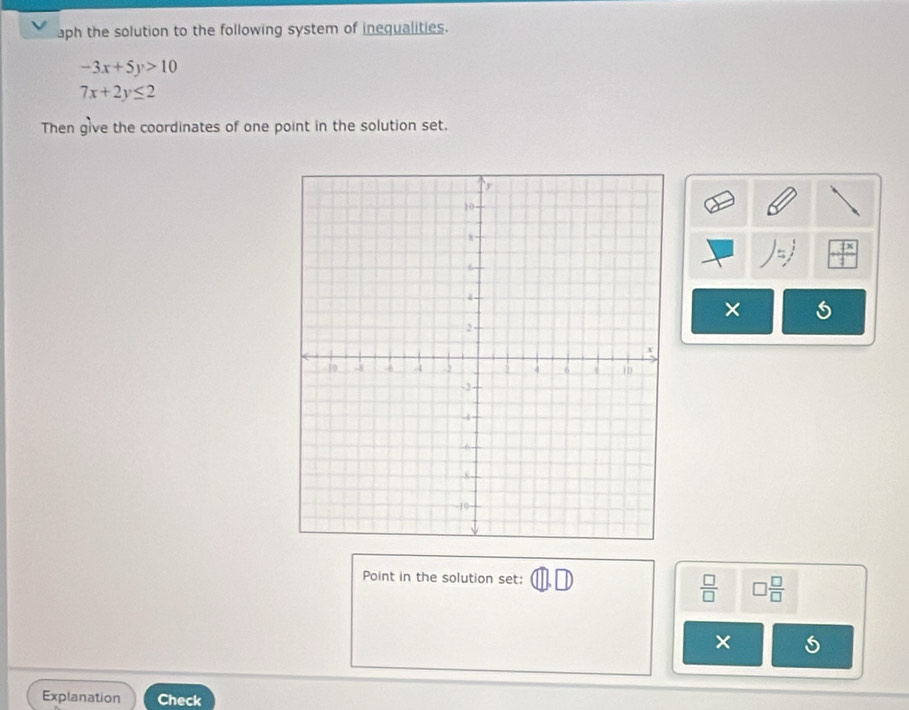 aph the solution to the following system of inequalities.
-3x+5y>10
7x+2y≤ 2
Then give the coordinates of one point in the solution set. 
× 
Point in the solution set:
 □ /□   □  □ /□  
× 
Explanation Check