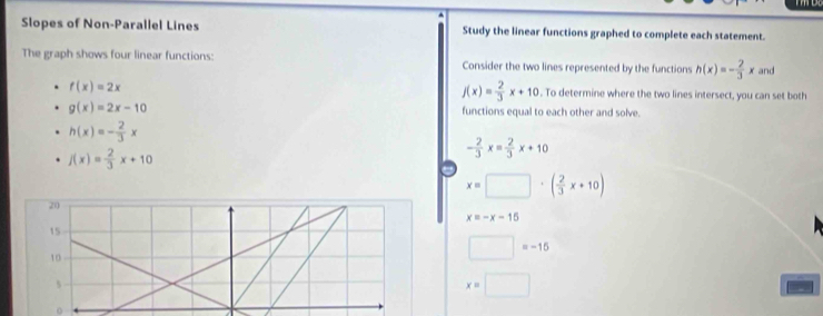 Slopes of Non-Parallel Lines Study the linear functions graphed to complete each statement. 
The graph shows four linear functions: Consider the two lines represented by the functions h(x)=- 2/3 x and
f(x)= 2/3 x+10
f(x)=2x. To determine where the two lines intersect, you can set both
g(x)=2x-10 functions equal to each other and solve.
h(x)=- 2/3 x
j(x)= 2/3 x+10
- 2/3 x= 2/3 x+10
x=□ · ( 2/3 x+10)
x=-x-15
□ =-15
x=□