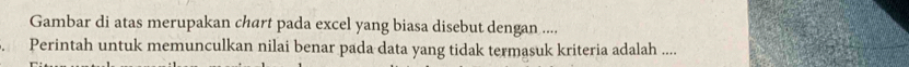 Gambar di atas merupakan chart pada excel yang biasa disebut dengan .... 
Perintah untuk memunculkan nilai benar pada data yang tidak termasuk kriteria adalah ....