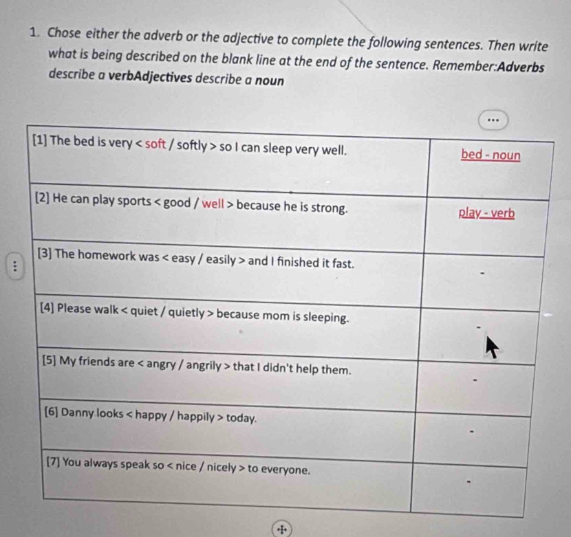 Chose either the adverb or the adjective to complete the following sentences. Then write 
what is being described on the blank line at the end of the sentence. Remember:Adverbs 
describe a verbAdjectives describe a noun